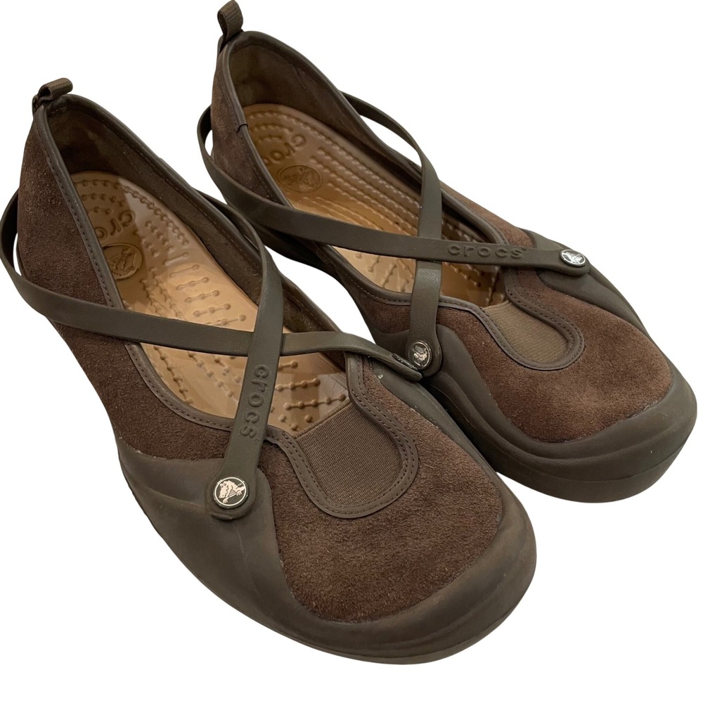 Crocs Alice Suede Mary Jane Womens Brown Criss Cross Strap Flats Size 11